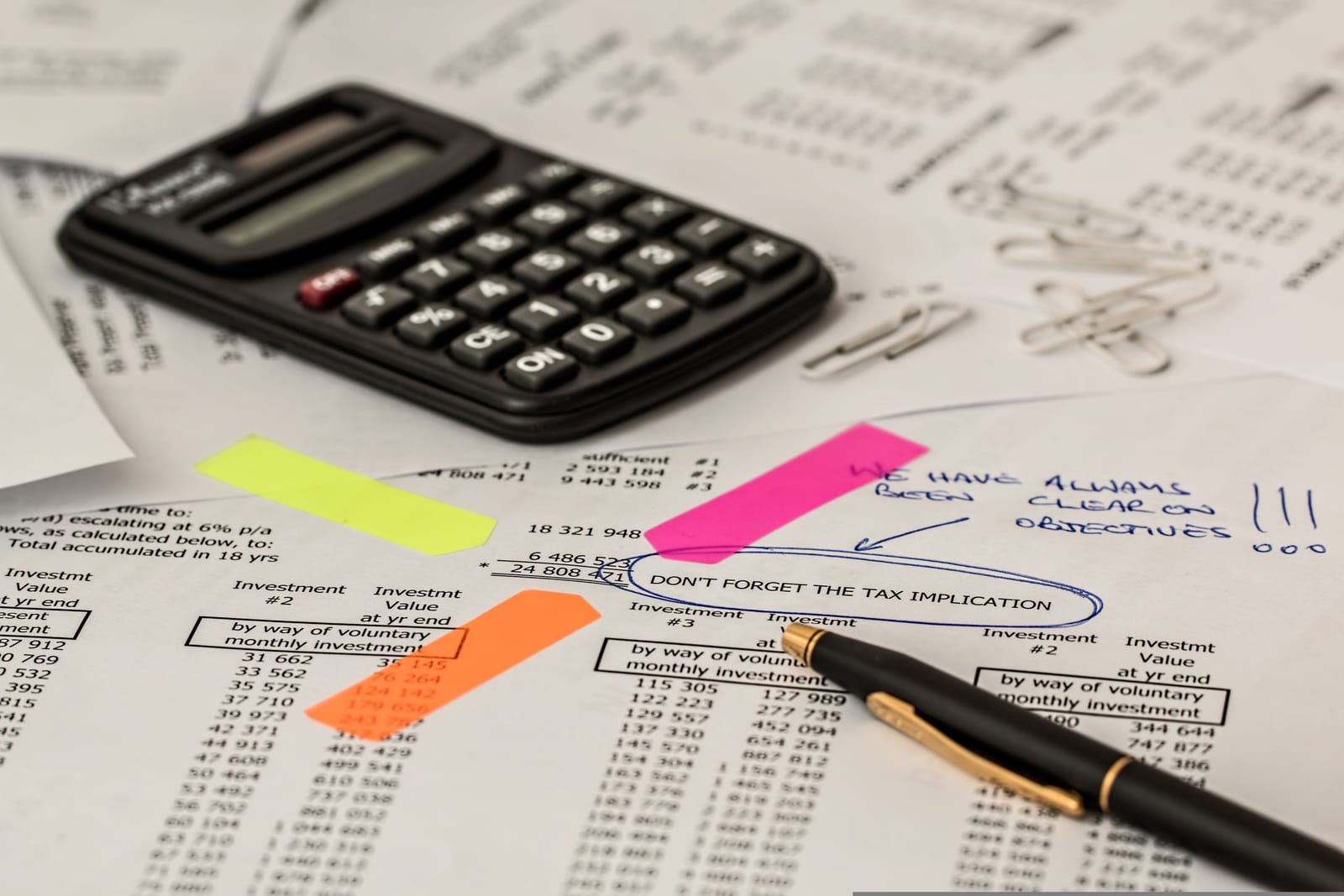Calculator and financial paperwork